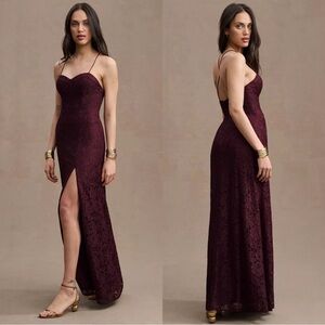 Anthropologie BHLDN Emma Sweetheart Lace Dark Berry Burgundy High Slit Gown